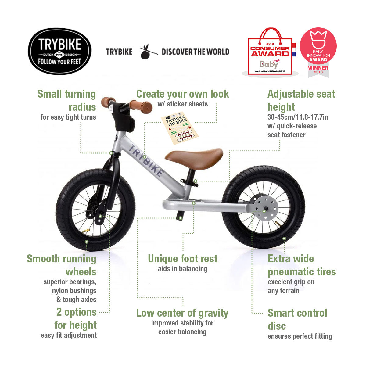 Trybike Steel Balance Bike (2 Wheels) w/ Optional Trike Kit for 3 Wheels Trike