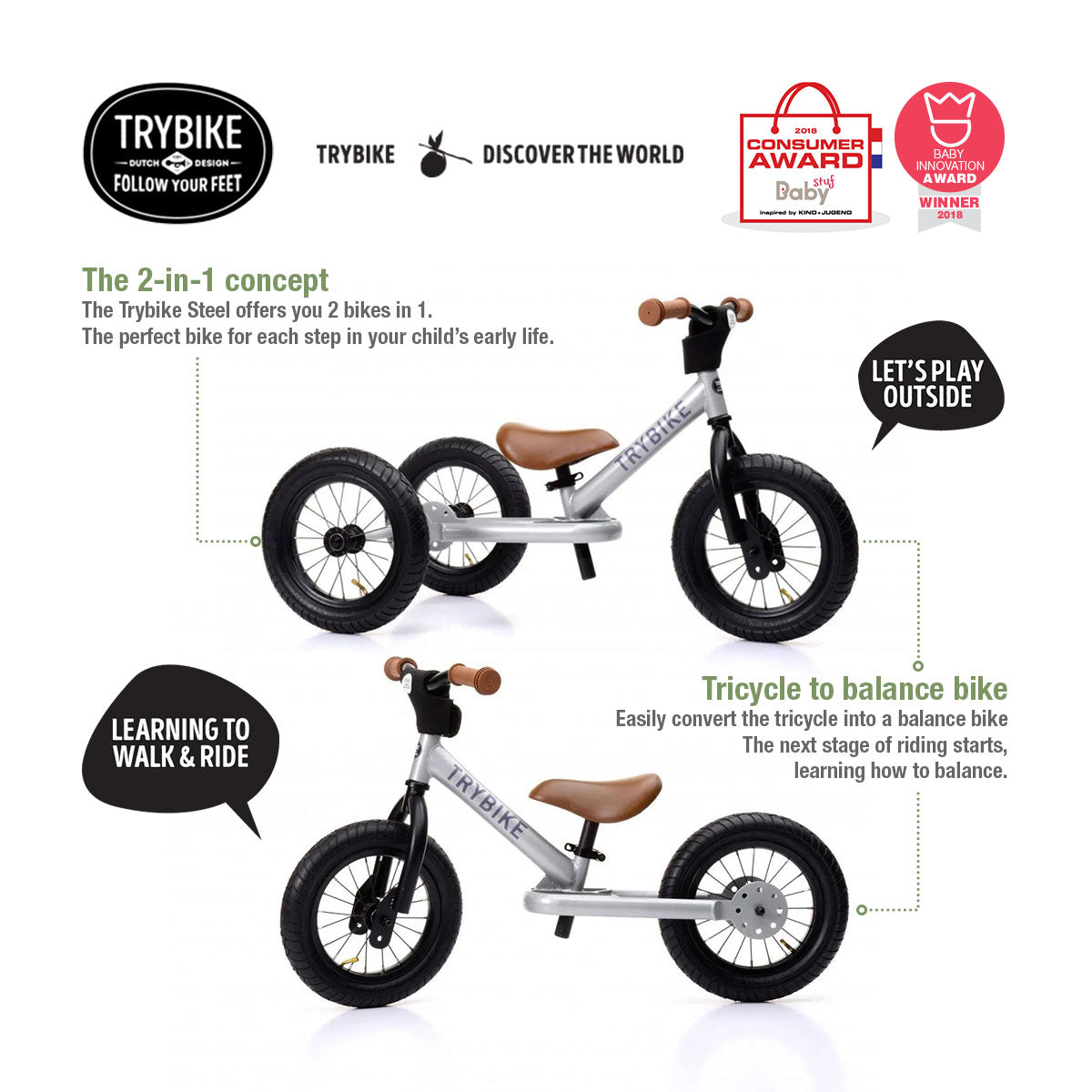 Trybike Steel Balance Bike (2 Wheels) w/ Optional Trike Kit for 3 Wheels Trike