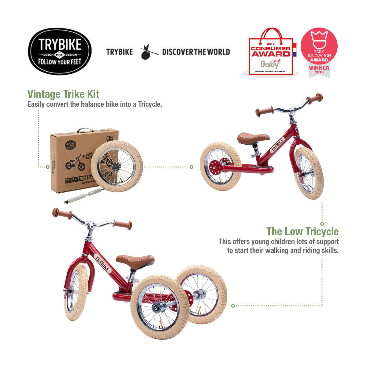 Trybike Steel Balance Bike (2 Wheels) w/ Optional Trike Kit for 3 Wheels Trike