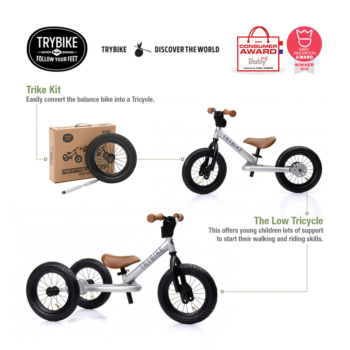 Trybike Steel Balance Bike (2 Wheels) w/ Optional Trike Kit for 3 Wheels Trike